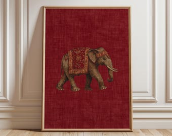 Indian Elephant Pattern Print, Red Textile Wall Art, Boho Tribal Decor, Oriental Animal Poster, Cultural Interior Design