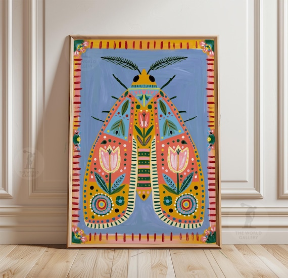 Pink Moth Folk Art, Botanical Insect Poster, Paper Wall Decor
