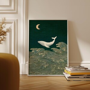 Whale Print in Japanese Woodblock Lino Style Cream Green Illustration