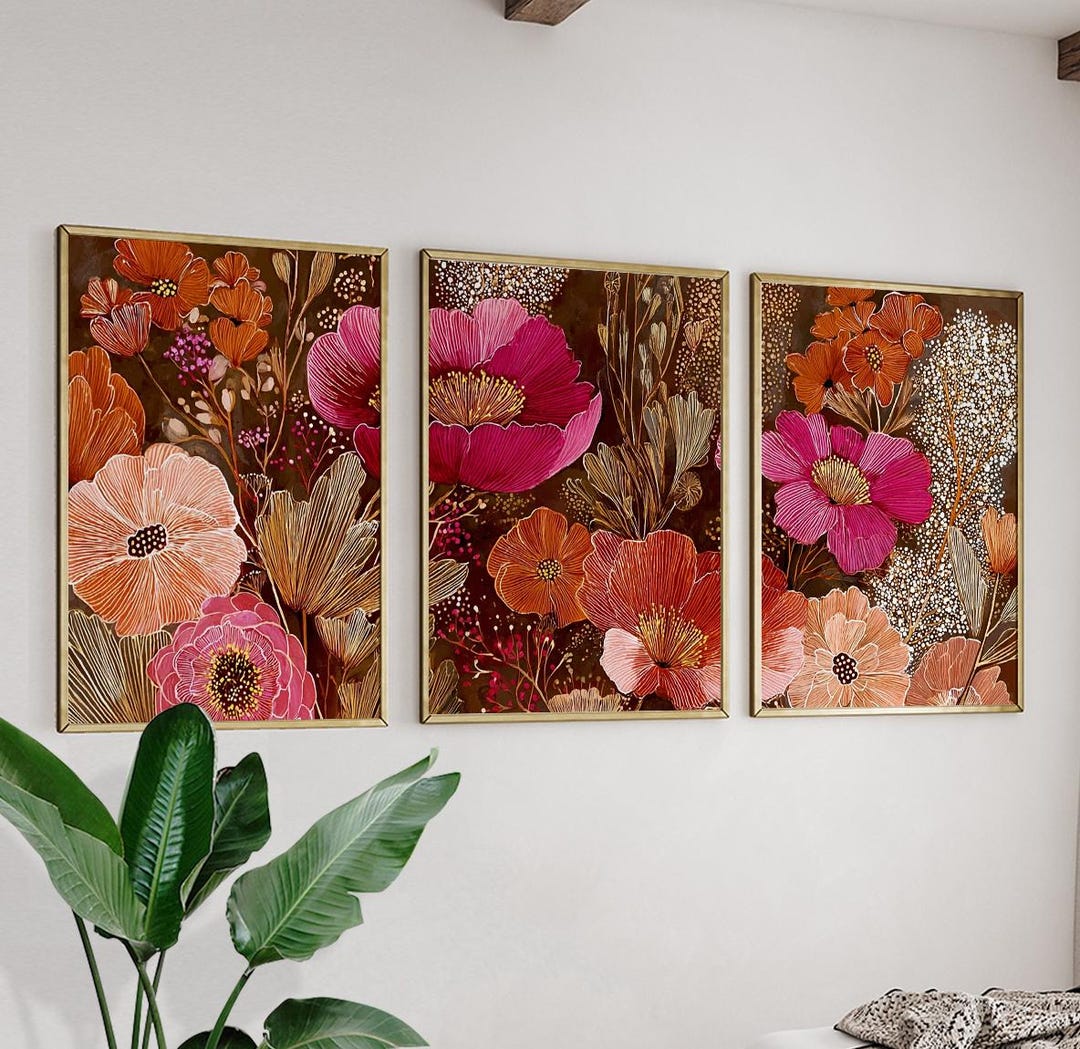 Dark Floral Wall Art Set | Vintage Botanical Flower Triptych Posters ...