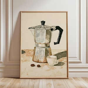 May include: A watercolour art print featuring a silver moka pot with a black handle, a small white espresso cup, and two dark brown coffee beans. The illustration uses a neutral beige and tan colour palette to depict the coffee-themed scene.