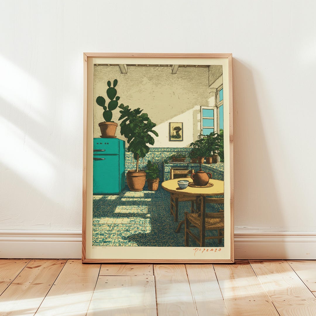 300 mediterranean kitchen posters bundle, retro café... Mediterranean Kitchen Interior Poster | Sunlit Plant Filled Room ...