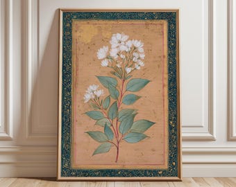 Mughal Botanical Art Print, Vintage Floral Miniature Painting