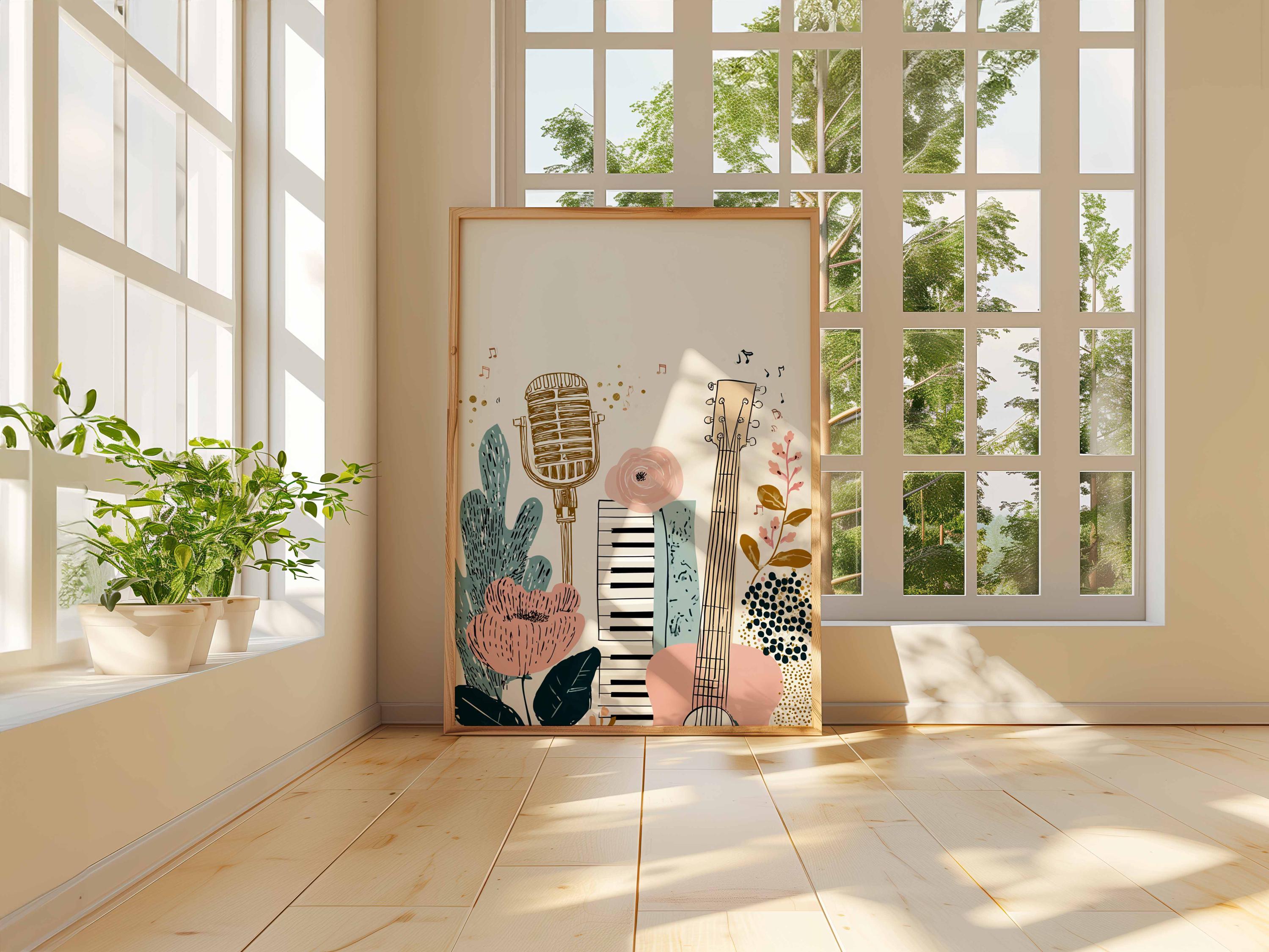 Boho Music Art Print | Floral Guitar Wall Art | Retro Microphone