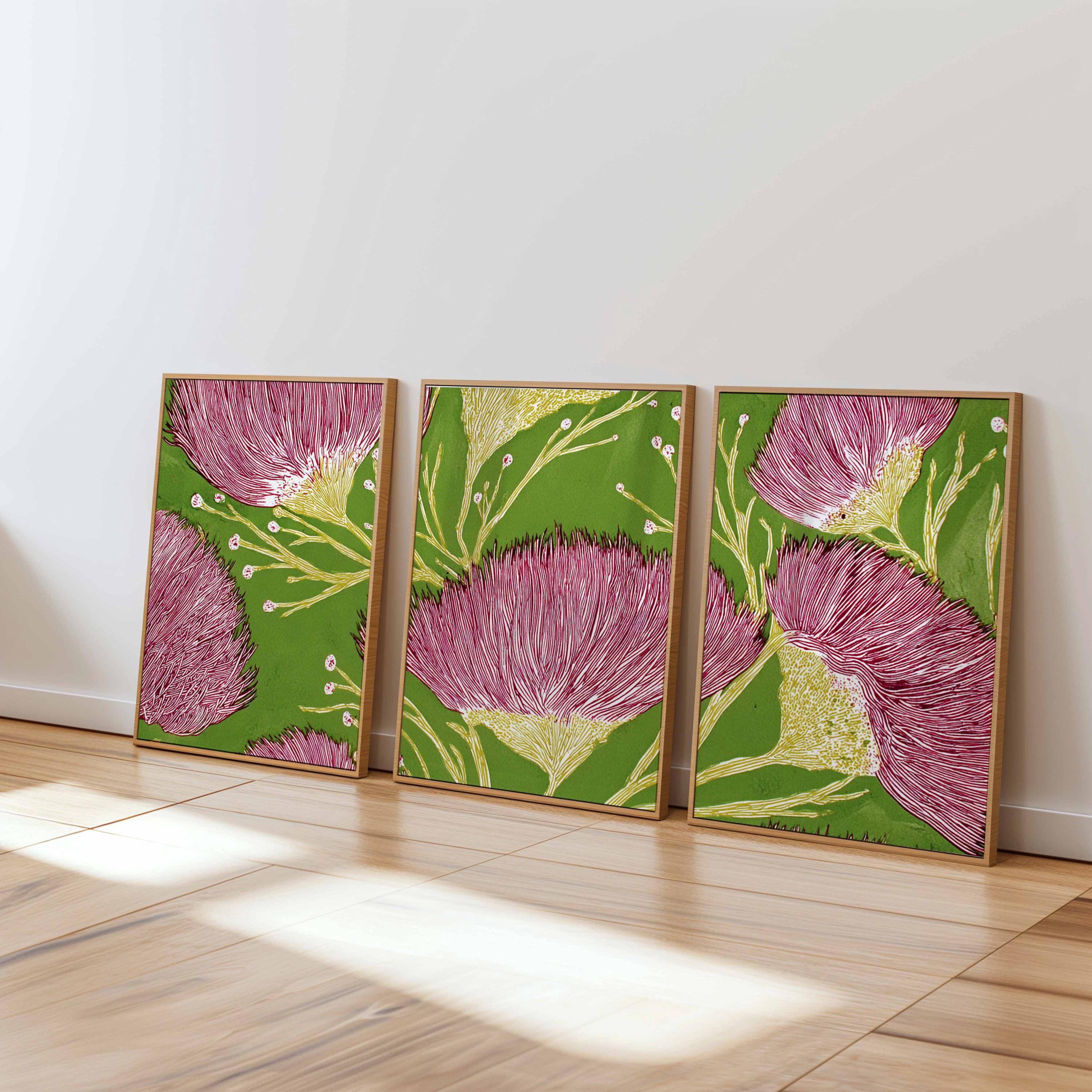 Pink Blossom Botanical Art Prints, Set of 3, Modern Floral Wall Decor ...