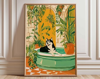 May include: A framed art print depicting a black and white husky dog in a green tub, set against a yellow backdrop. The scene is filled with green plants and an orange and white chequered floor pattern.