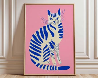 Modern Striped Cat Art Print, Colorful Pop Art, Feline Illustration