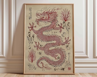 Arte de parede de dragão asiático, pôster de dragão japonês, impressão de criatura mítica chinesa, arte oriental vintage, ilustração de decoração zen
