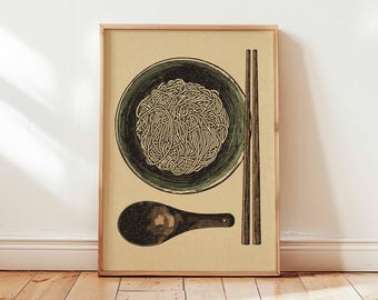 Japanese Noodle Print, Ukiyo-e Style Kitchen Wall Art, Woodblock Foodie Poster, Asian Decor, Unique Ramen Gift