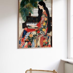 May include: A framed art print showing a person playing a piano. The person is wearing a colourful patterned dress. The artwork features a piano, musical notes, and a large green plant. The colour palette includes red, orange, and green.