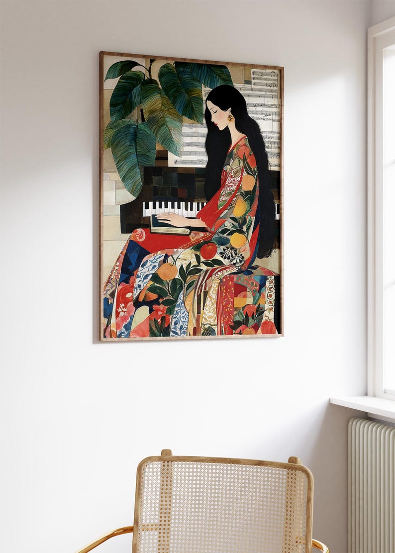 May include: A framed art print showing a person playing a piano. The person is wearing a colourful patterned dress. The artwork features a piano, musical notes, and a large green plant. The colour palette includes red, orange, and green.