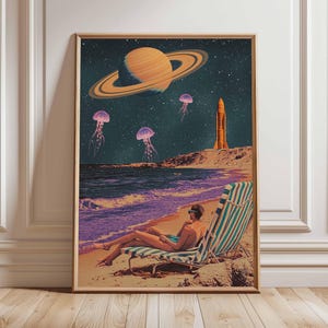 Póster retro de ciencia ficción, decoración cósmica surrealista de los años 70, póster espacial futurista, impresión de paisaje vintage, obra de arte espacial para dormitorio y sala de estar.