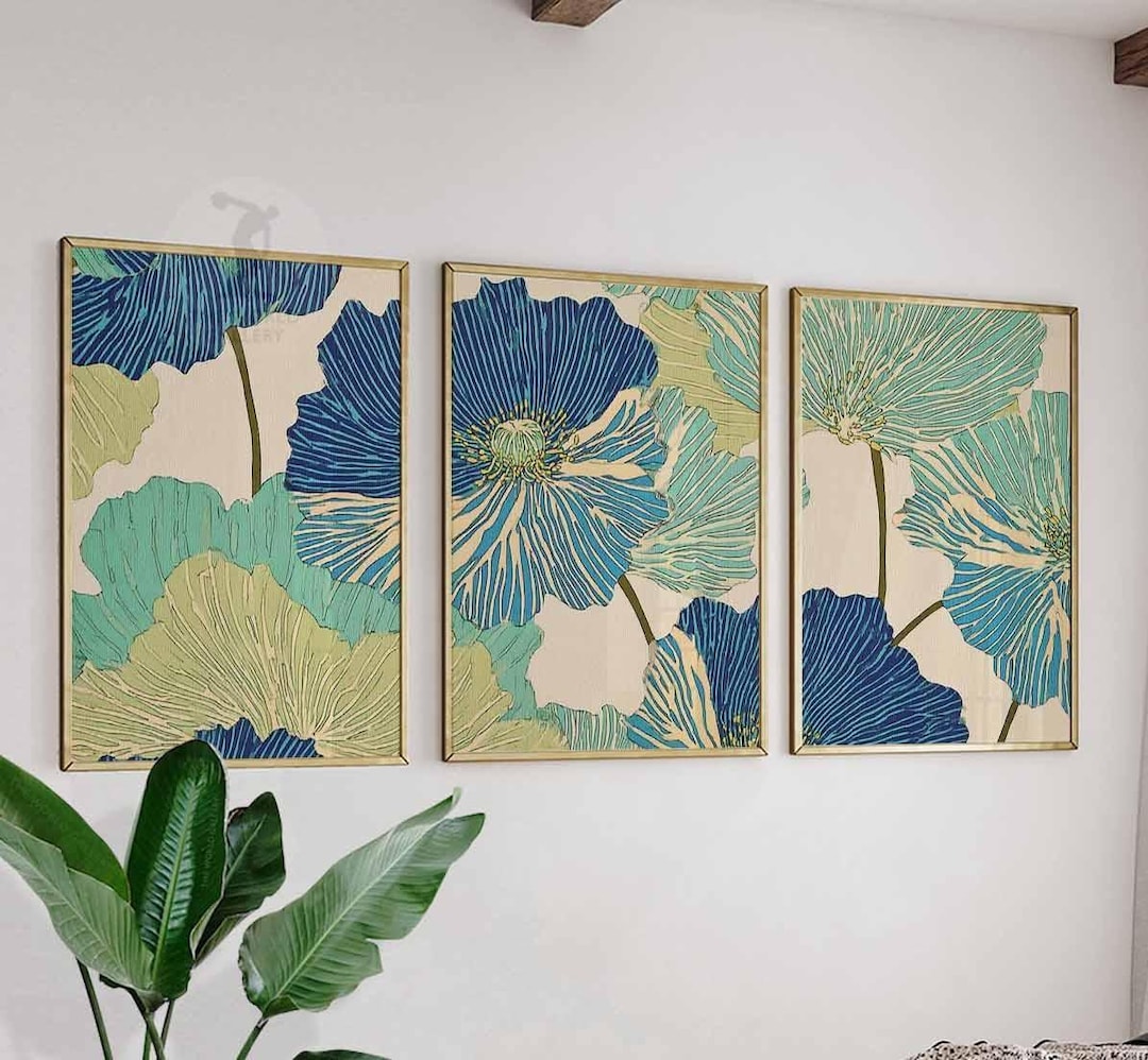 Set of 3 Bold Floral Prints, Modern Botanical Wall Art, Blue and Green ...