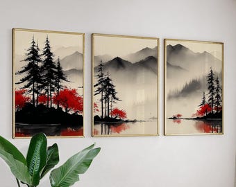 Red Tree Landscape Posters Set Of 3, Japanese Ink Wash Prints
