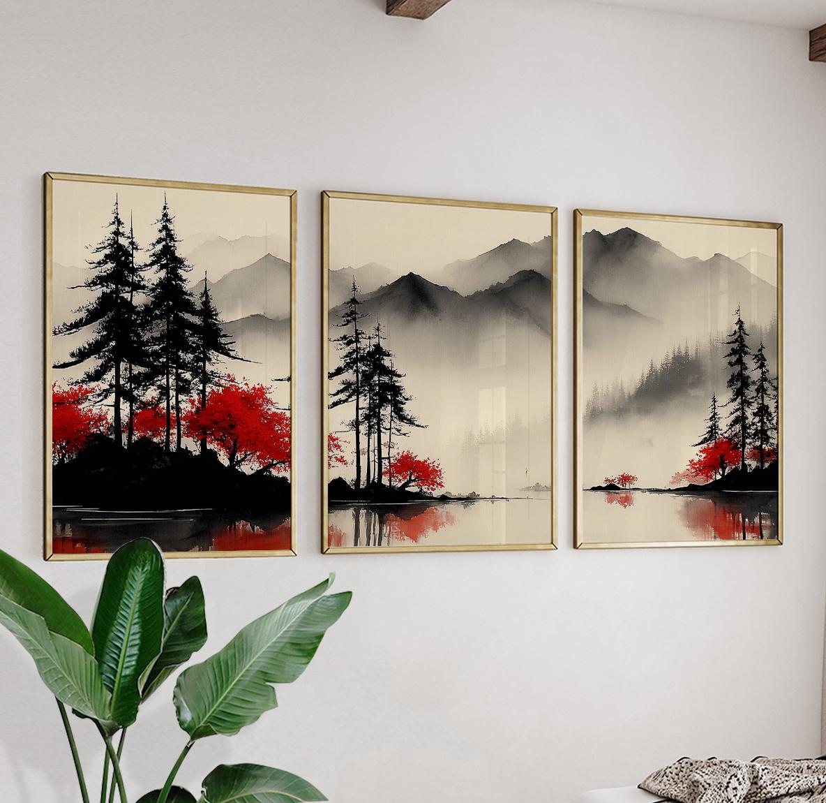 Red Tree Landscape Posters Set of 3, Japanese Ink Wash Prints