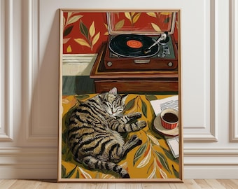Fototapeta z kotem w stylu retro i kawą, wydruk z gramofonu w stylu vintage, przytulny wystrój salonu, plakat boho dla miłośnika muzyki, kolorowe dzieła sztuki do domu