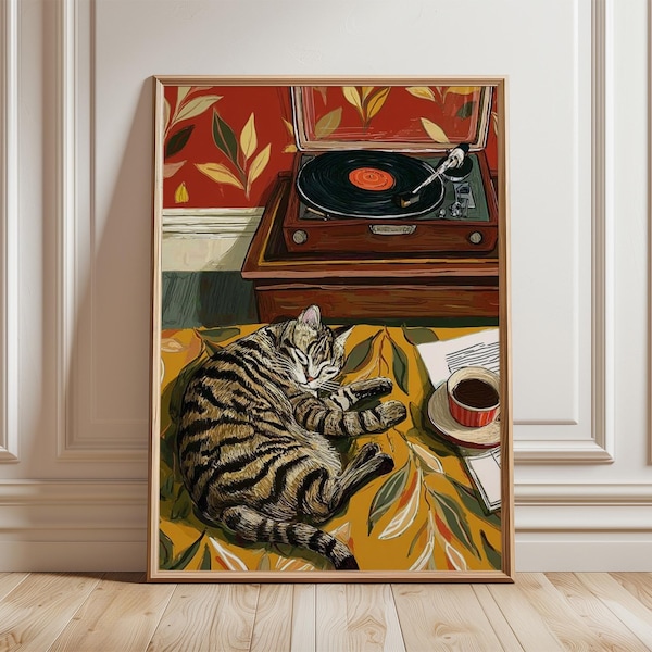 Arte de pared retro de gato con café, impresión de tocadiscos vintage, decoración acogedora para sala de estar, póster bohemio para amantes de la música, obra de arte colorida para el hogar