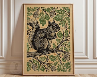 Squirrel Oak Tree Poster | Green And Beige Woodland Wall Art | Vintage Woodcut Animal Print