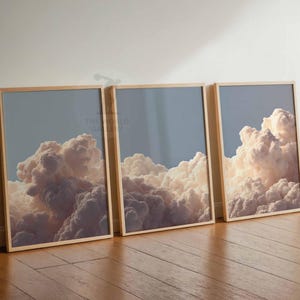 Juego de 3 impresiones de arte de pared con nubes para dormitorio, pósteres de nubes blancas y cielo beige, decoración vintage para el hogar, juego de 3 pósteres grandes, decoración de dormitorio