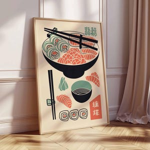 Traditional Japanese Food Poster, Japanese Cuisine Print, Kitchen Wall Decor, Food Art, Vintage Food Poster, Asian Food Illustration