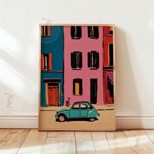 Retro Car Poster | Colorful City Art | Vintage Street Scene Print | Modern Pop Wall Decor image 10