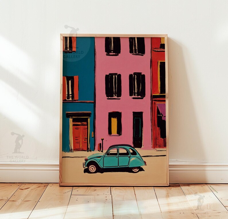 Retro Car Poster | Colorful City Art | Vintage Street Scene Print | Modern Pop Wall Decor image 10