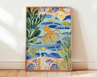Lámina artística de pulpo, decoración de pared con temática marina y náutica.