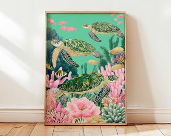 Meeresschildkröte Kunstdruck, Meeresleben Poster, Küstendeko