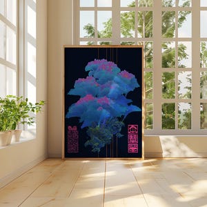 May include: A framed art print featuring an abstract digital design with blue and pink hues against a dark background. The artwork includes Japanese characters in pink and is displayed in a well-lit room with a window.