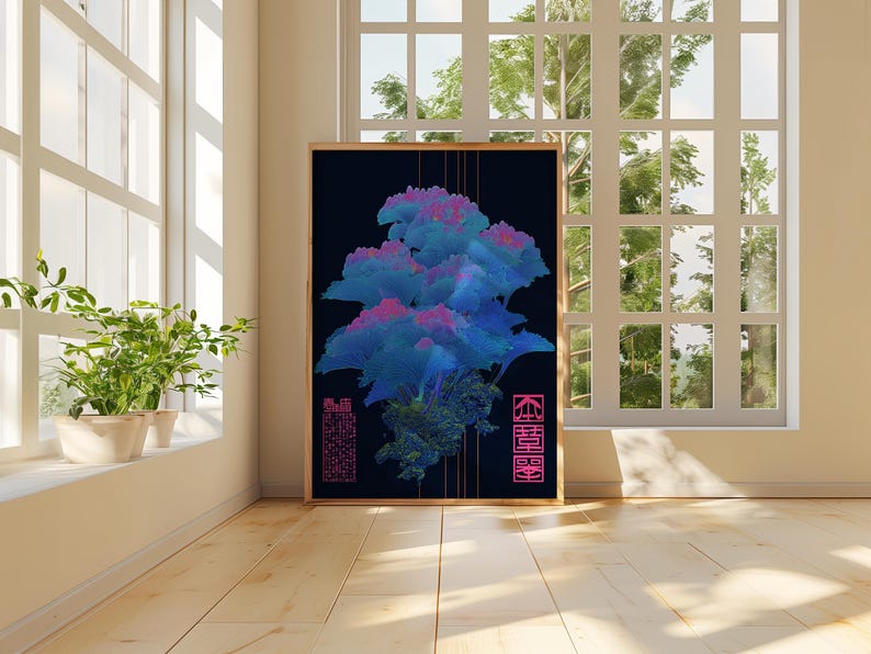 May include: A framed art print featuring an abstract digital design with blue and pink hues against a dark background. The artwork includes Japanese characters in pink and is displayed in a well-lit room with a window.