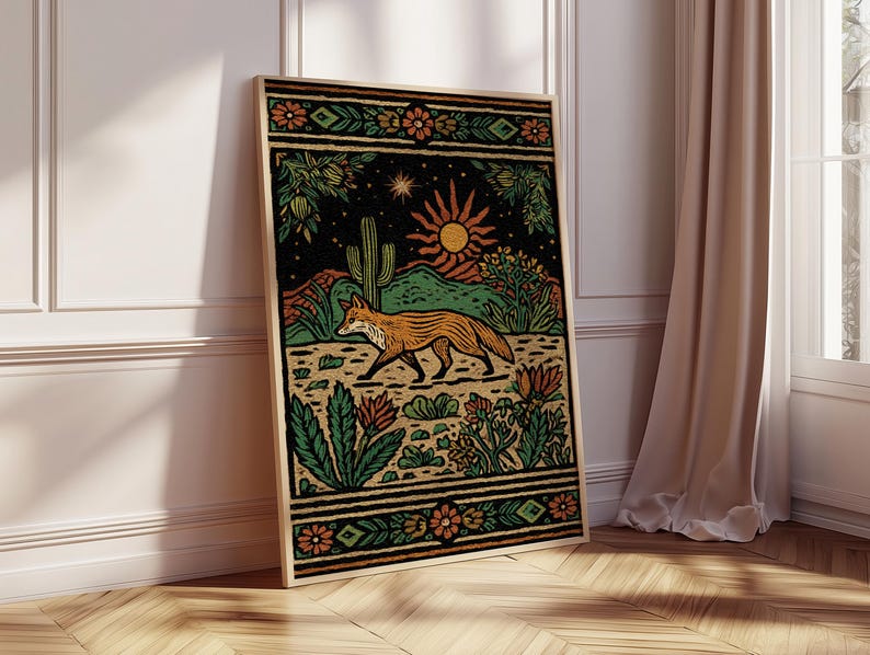 May include: Framed art print featuring a stylized desert landscape with a fox. The artwork showcases a fox in shades of orange and brown, set against a backdrop of cacti, flowers, and a setting sun. The border is decorated with floral and geometric patterns.