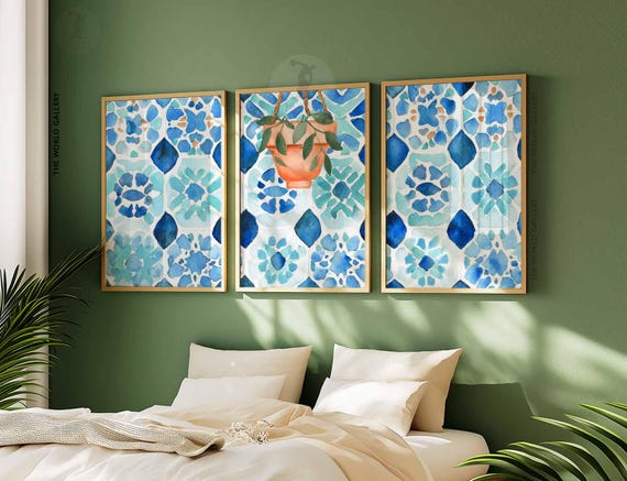 Blue Tile Art Prints Set, Mediterranean Decor, Coastal Kitchen Art