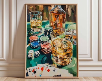 Whiskey and Poker Wall Art, Casino Game Poster, Vintage Bar Decor, Whiskey Glass Painting, Gambling Poker Chips Artwork Print
