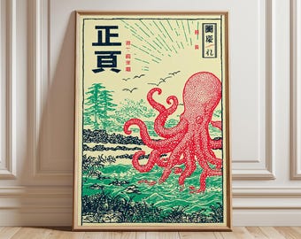 Japanese Octopus Print, Vintage Ukiyo-e Style, Retro Wall Art