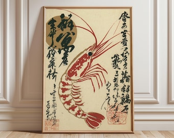 May include: A framed vintage Japanese print featuring a large red shrimp with intricate details. The shrimp is set against a cream-colored background with Japanese calligraphy and a gold circle. The print is in a wooden frame.