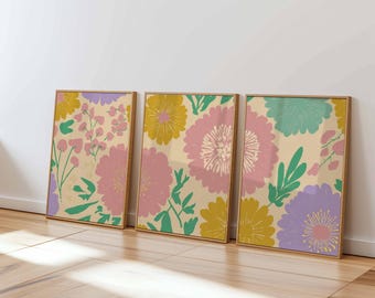 Retro Floral Art Prints, Mid Century Modern, Set of 3