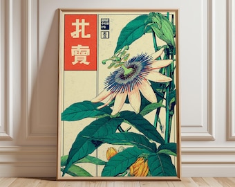 Japanese Passion Flower Poster, Vintage Ukiyo-e Style Wall Art, Retro Botanical Print, Green and Cream Floral Artwork, Japanese Decor
