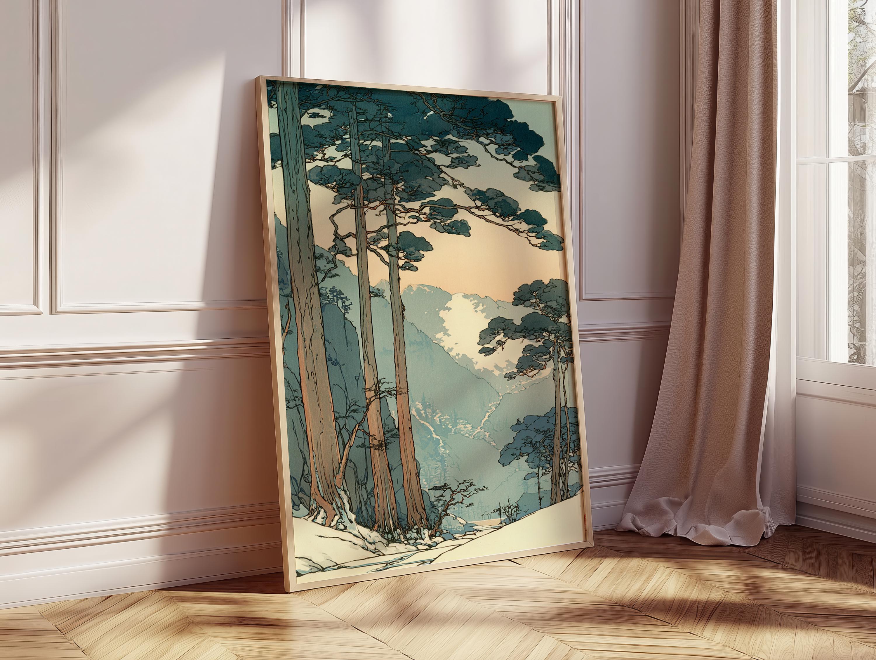 Vintage Japanese Forest Poster, Tranquil Mountain Landscape Wall