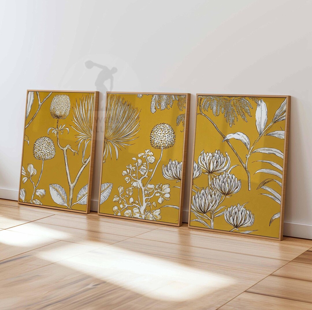 Mustard Botanical Print Set, Vintage Plant Wall Art, Yellow Botanical ...
