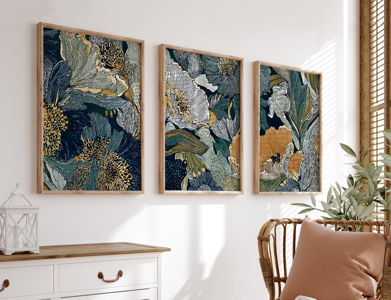 Dark Floral Botanical Wall Art Set | Navy Gold Flower Triptych Posters ...