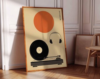 Minimalist Japanese Vinyl Poster, Retro Record Player Wall Art