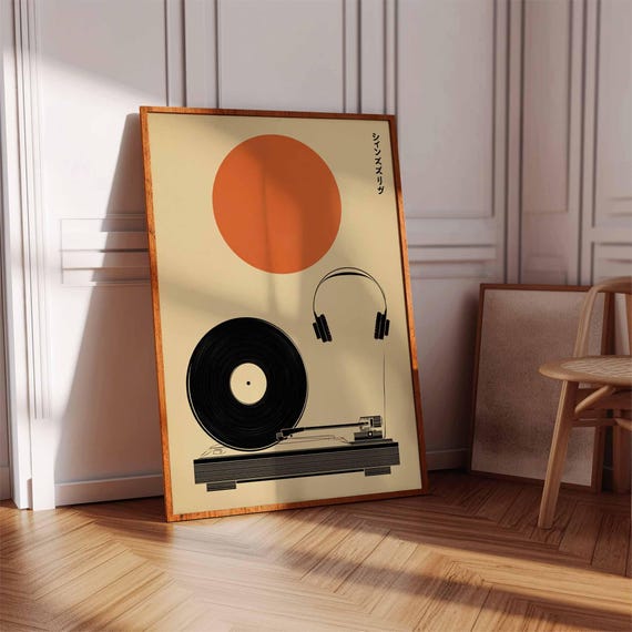 Minimalist Japanese Vinyl Poster, Retro Record Player Wall Art