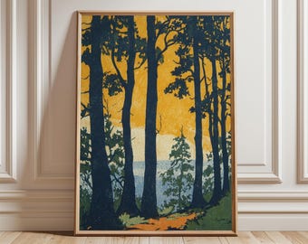 Vintage Forest Sunset Poster, Rustic Woodland Landscape Wall Art