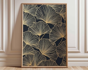 Gold Ginkgo Leaf Wall Art | Luxury Botanical Poster | Black and Gold Modern Print | Elegant Nature Line Art | Minimalist Home Decor