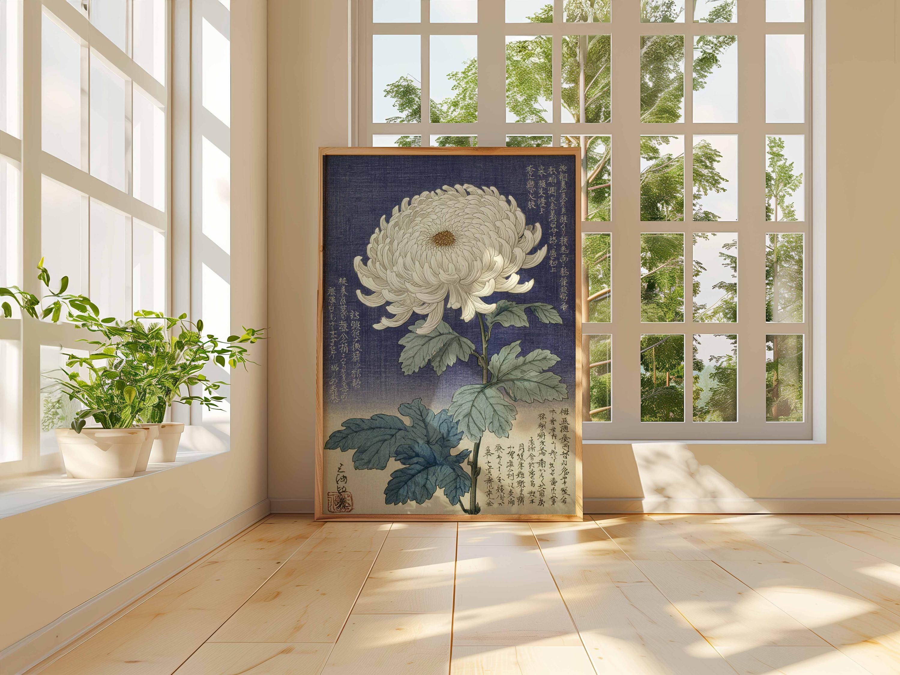 USED 掛け軸　絵柄 Vintage Chrysanthemum Ukiyo-e Woodblock Print, Japanese Floral Art