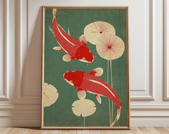 Japanese Koi Fish Art Print, Vintage Ukiyo-e Style