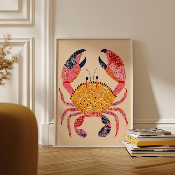 Crab Print in Stylised Folk Lino Style Pink Orange Illustration