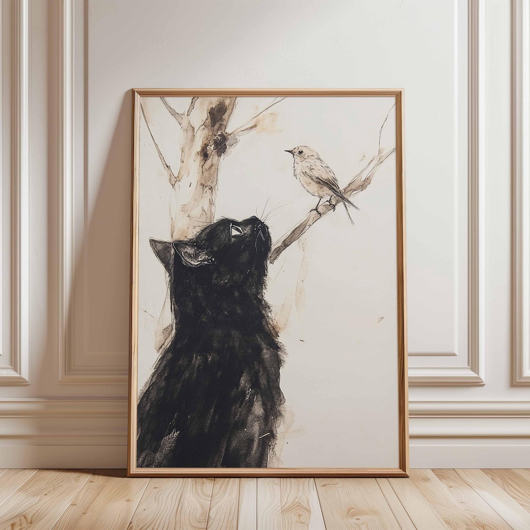 Black Cat and Bird Poster | Minimalist Animal Art Print | Modern Wall ...