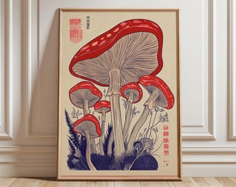 Japanese Mushroom Line Art Print, Vintage Botanical Poster
