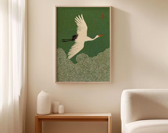 Japanese Crane in Swirling Cloud Skies, Woodblock-style Poster - Etsy